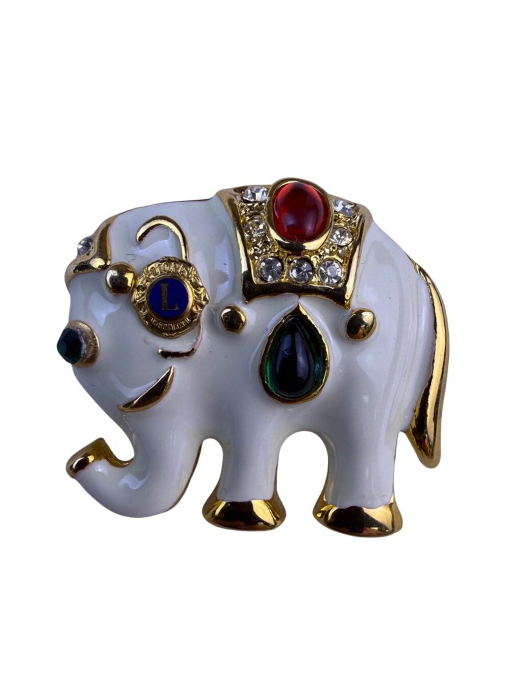 Lions Club Vintage Gold Tone Enamel Elephant Brooch With Rhinestones Details